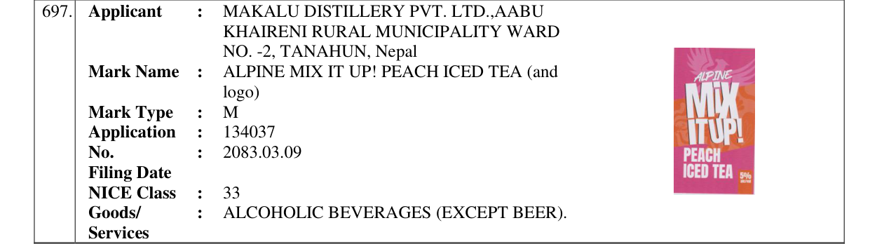 Original bulletin entry for ALPINE MIX IT UP! PEACH ICED TEA (and logo)