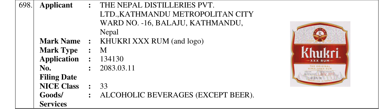 Original bulletin entry for KHUKRI XXX RUM (and logo)