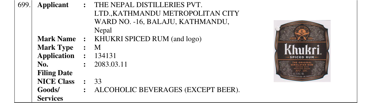Original bulletin entry for KHUKRI SPICED RUM (and logo)