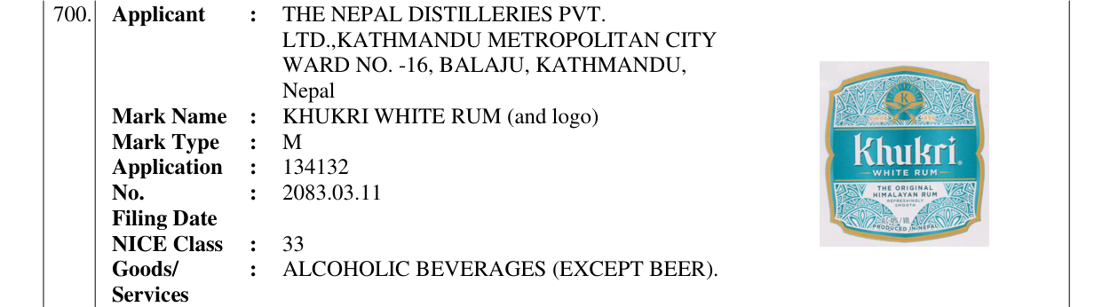Original bulletin entry for KHUKRI WHITE RUM (and logo)