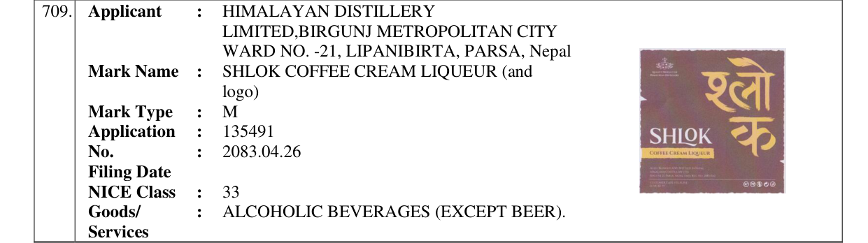 Original bulletin entry for SHLOK COFFEE CREAM LIQUEUR (and logo)
