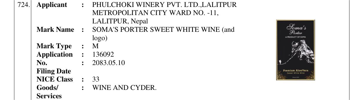 Original bulletin entry for SOMA'S PORTER SWEET WHITE WINE (and logo)