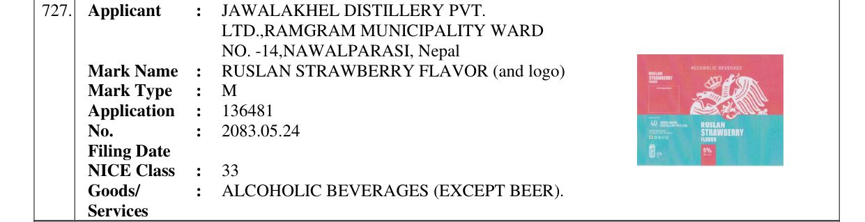 Original bulletin entry for RUSLAN STRAWBERRY FLAVOR (and logo)