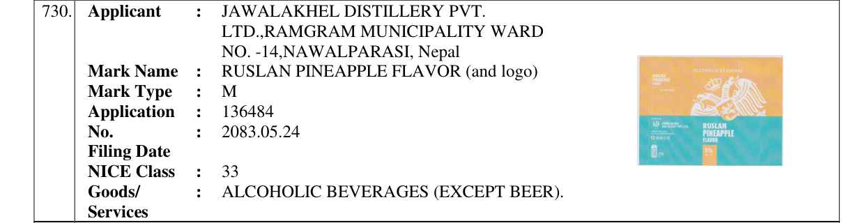 Original bulletin entry for RUSLAN PINEAPPLE FLAVOR (and logo)