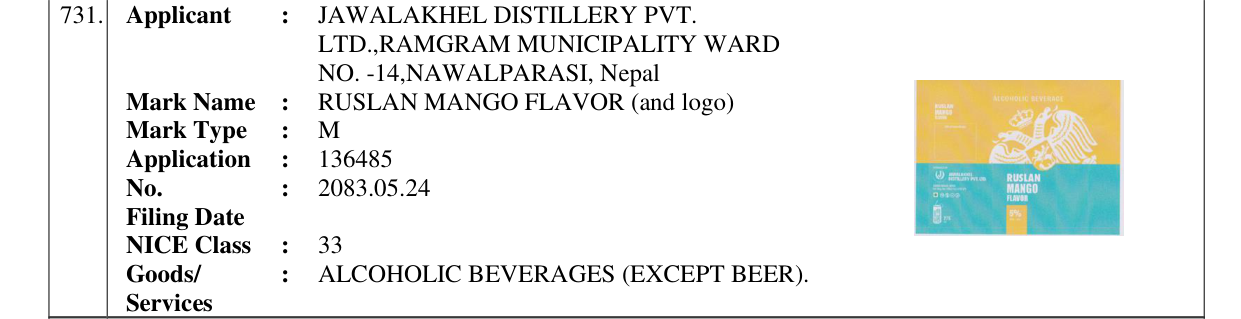 Original bulletin entry for RUSLAN MANGO FLAVOR (and logo)