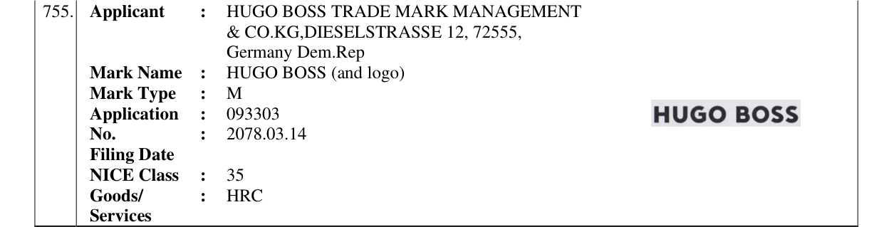 Original bulletin entry for HUGO BOSS (and logo)