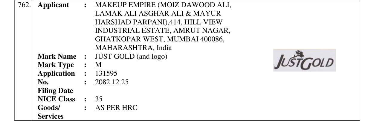 Original bulletin entry for JUST GOLD (and logo)
