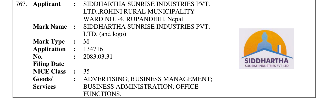 Original bulletin entry for SIDDHARTHA SUNRISE INDUSTRIES PVT. LTD. (and logo)