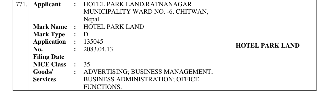 Original bulletin entry for HOTEL PARK LAND