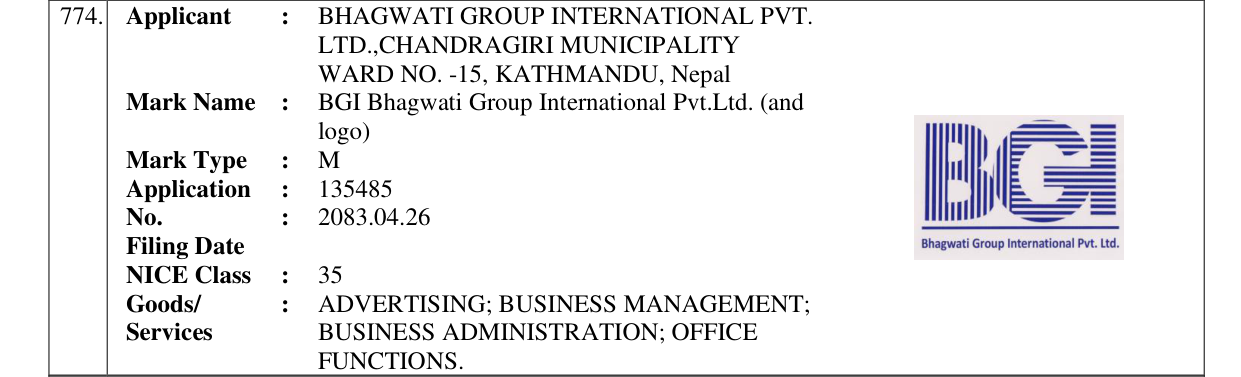 Original bulletin entry for BGI Bhagwati Group International Pvt.Ltd. (and logo)