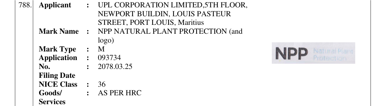 Original bulletin entry for NPP NATURAL PLANT PROTECTION (and logo)