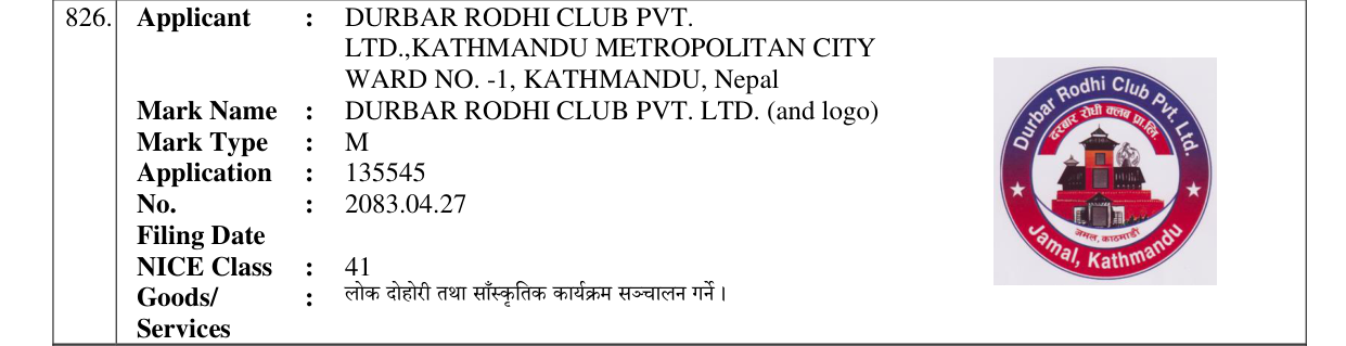 Original bulletin entry for DURBAR RODHI CLUB PVT. LTD. (and logo)
