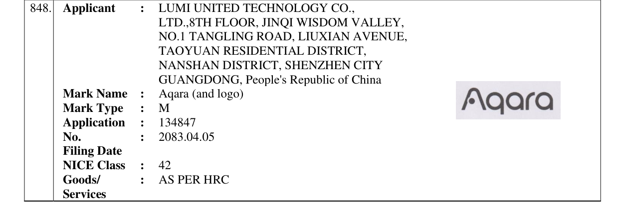 Original bulletin entry for Aqara (and logo)