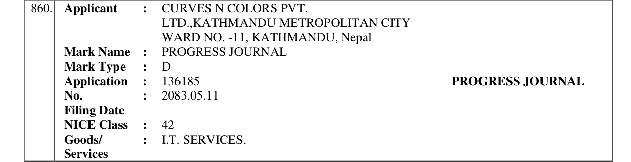 Original bulletin entry for PROGRESS JOURNAL