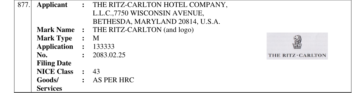 Original bulletin entry for THE RITZ-CARLTON (and logo)