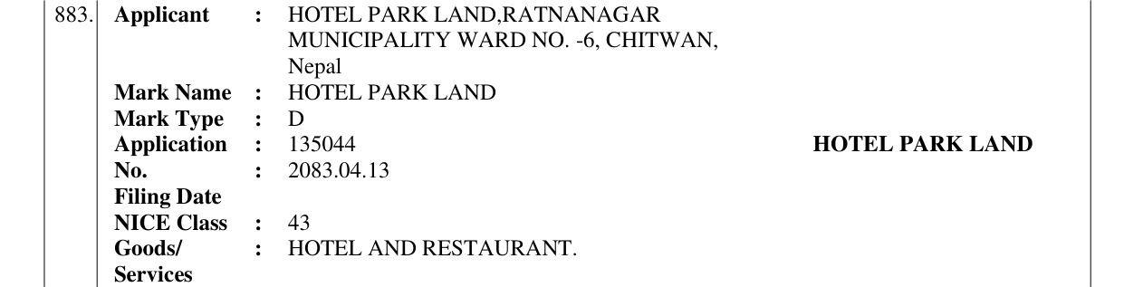 Original bulletin entry for HOTEL PARK LAND