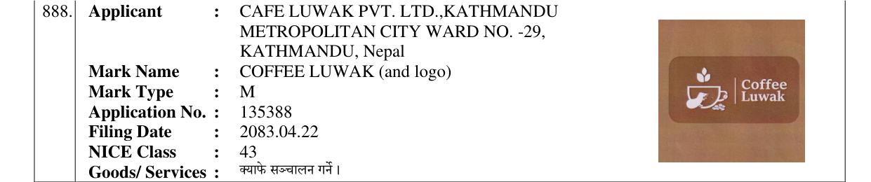 Original bulletin entry for COFFEE LUWAK (and logo)