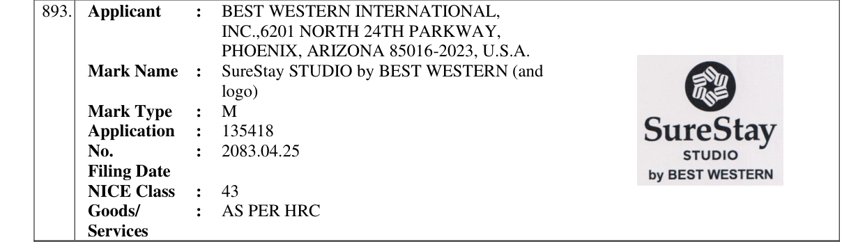 Original bulletin entry for SureStay STUDIO by BEST WESTERN (and logo)