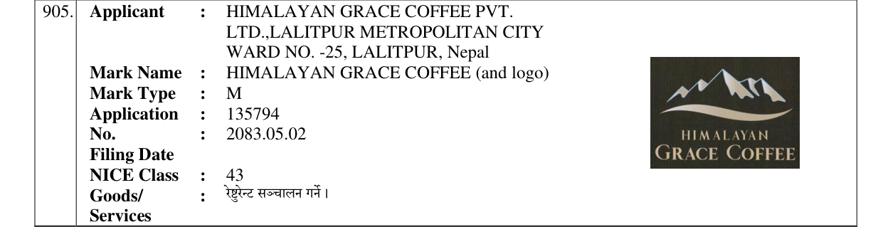 Original bulletin entry for HIMALAYAN GRACE COFFEE (and logo)