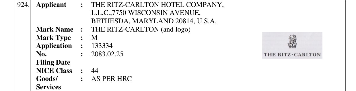 Original bulletin entry for THE RITZ-CARLTON (and logo)