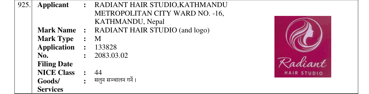 Original bulletin entry for RADIANT HAIR STUDIO (and logo)