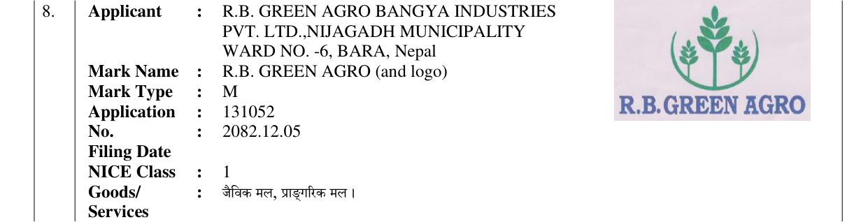 Original bulletin entry for R.B. GREEN AGRO (and logo)