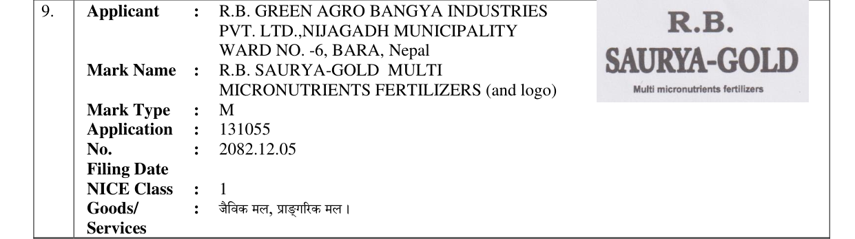 Original bulletin entry for R.B. SAURYA-GOLD MULTI MICRONUTRIENTS FERTILIZERS (and logo)