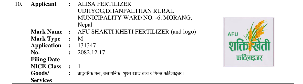 Original bulletin entry for AFU SHAKTI KHETI FERTILIZER (and logo)