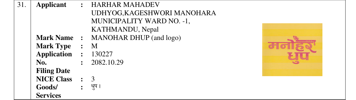 Original bulletin entry for MANOHAR DHUP (and logo)