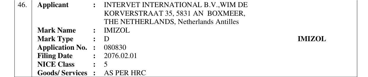 Original bulletin entry for IMIZOL