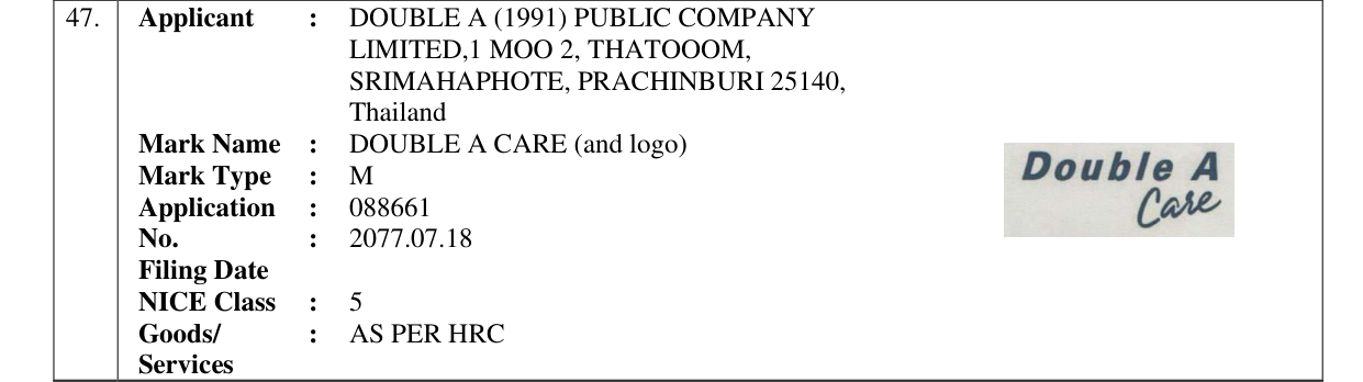 Original bulletin entry for DOUBLE A CARE (and logo)