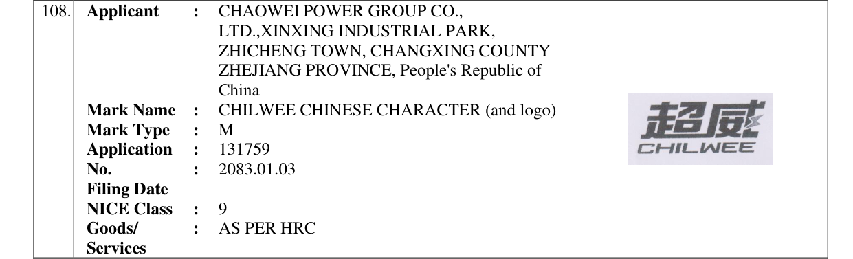 Original bulletin entry for CHILWEE CHINESE CHARACTER (and logo)