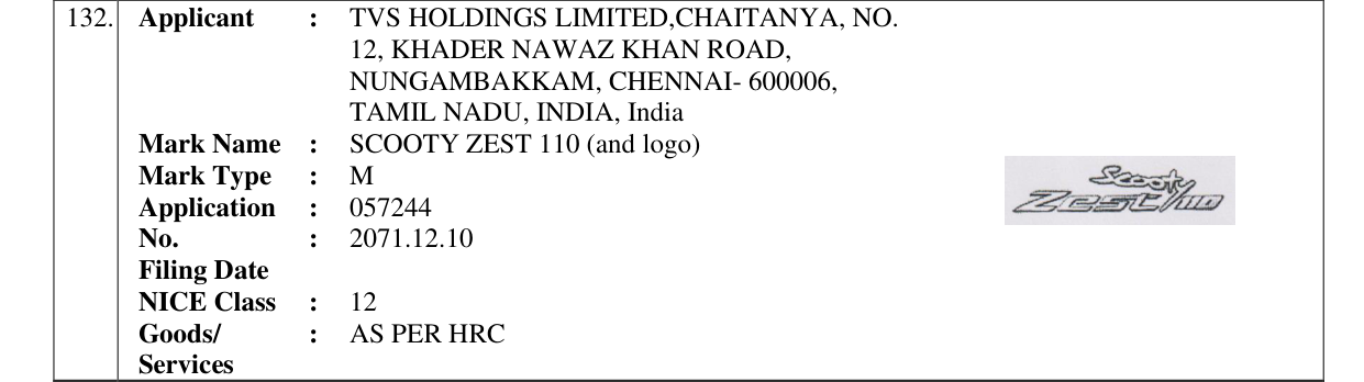 Original bulletin entry for SCOOTY ZEST 110 (and logo)