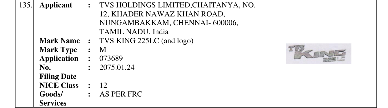 Original bulletin entry for TVS KING 225LC (and logo)