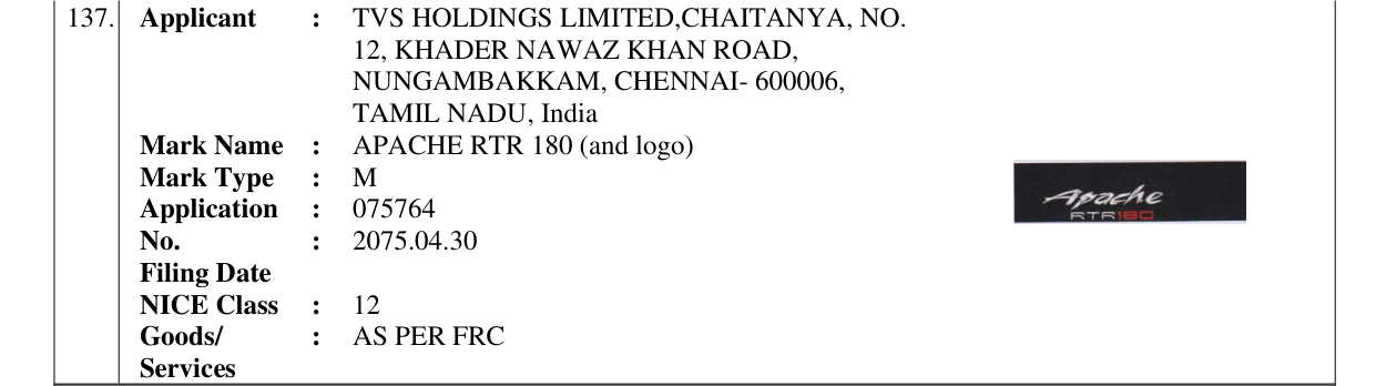 Original bulletin entry for APACHE RTR 180 (and logo)