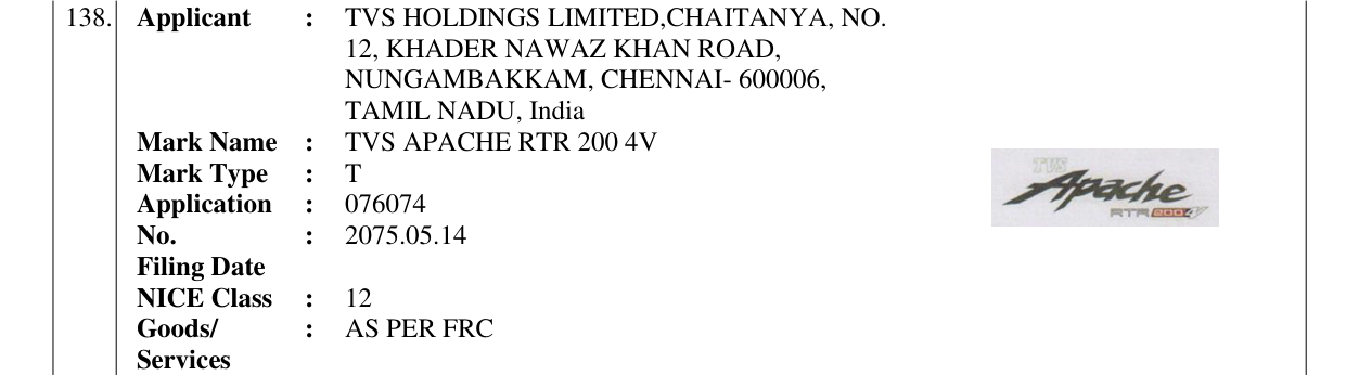 Original bulletin entry for TVS APACHE RTR 200 4V