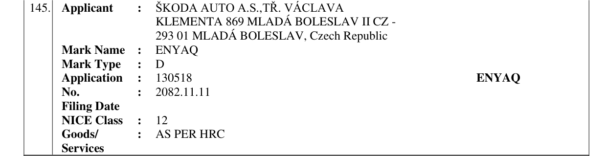 Original bulletin entry for ENYAQ
