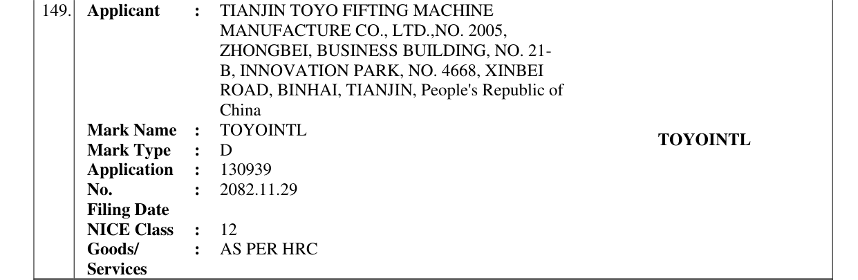 Original bulletin entry for TOYOINTL TOYOINTL