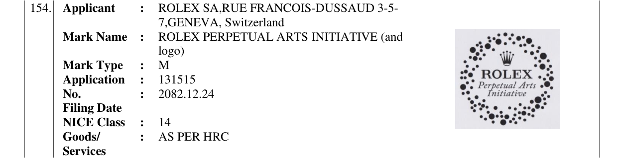 Original bulletin entry for ROLEX PERPETUAL ARTS INITIATIVE (and logo)