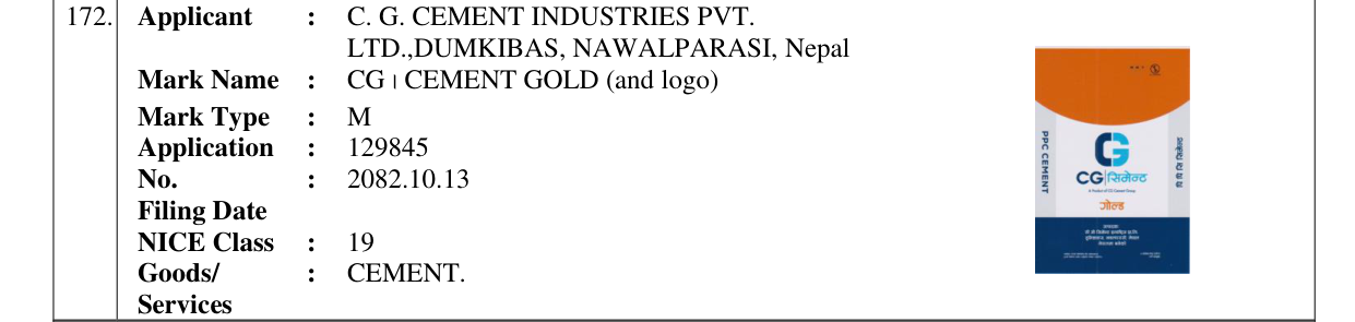 Original bulletin entry for CG । CEMENT GOLD (and logo)