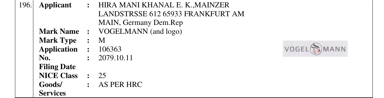 Original bulletin entry for VOGELMANN (and logo)