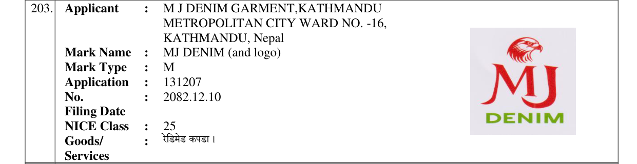 Original bulletin entry for MJ DENIM (and logo)