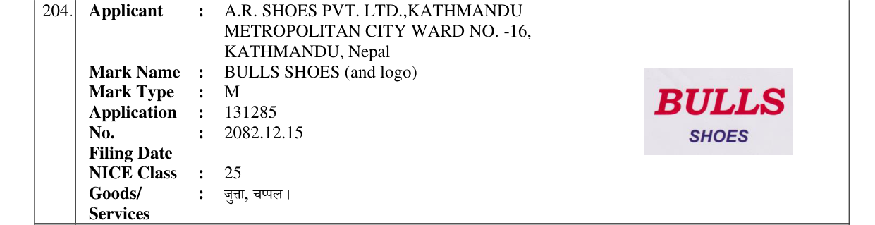 Original bulletin entry for BULLS SHOES (and logo)