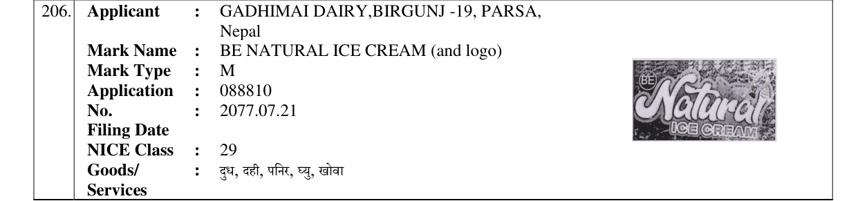 Original bulletin entry for BE NATURAL ICE CREAM (and logo)