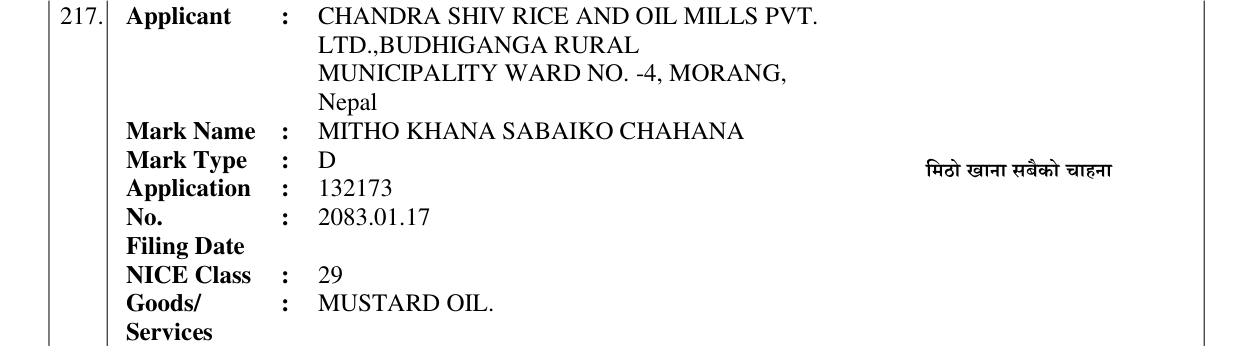 Original bulletin entry for MITHO KHANA SABAIKO CHAHANA