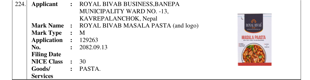 Original bulletin entry for ROYAL BIVAB MASALA PASTA (and logo)
