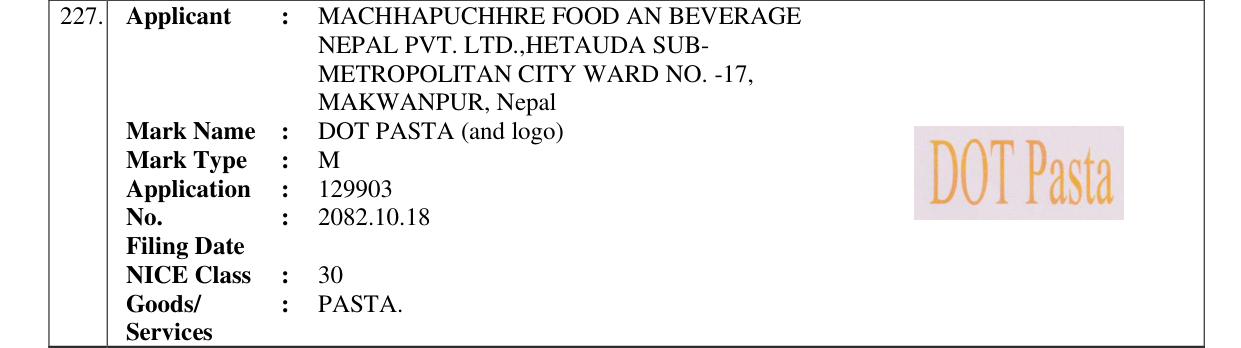 Original bulletin entry for DOT PASTA (and logo)