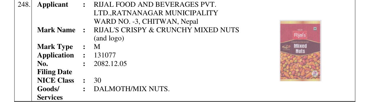 Original bulletin entry for RIJAL'S CRISPY & CRUNCHY MIXED NUTS (and logo)
