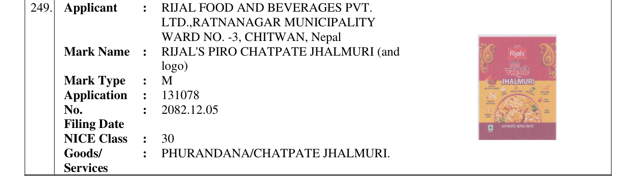Original bulletin entry for RIJAL'S PIRO CHATPATE JHALMURI (and logo)