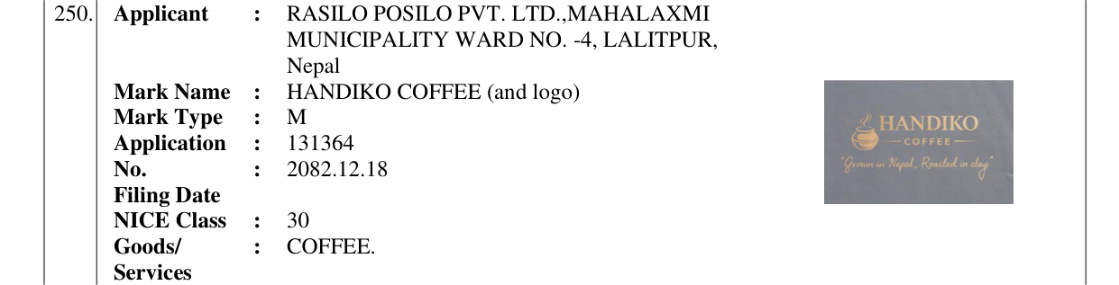 Original bulletin entry for HANDIKO COFFEE (and logo)